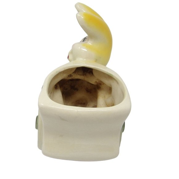 Vintage Kitschy Yellow Bunny Rabbit Pushing Cart Planter 5" H x 6 3/4" L x 3" D - Picture 3 of 10